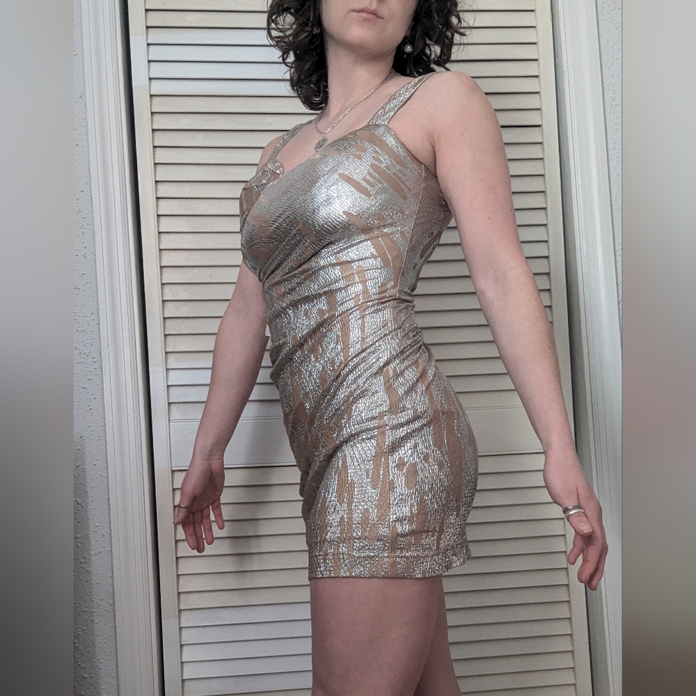 Hailey Logan Small Silver and Tan Cocktail Dress